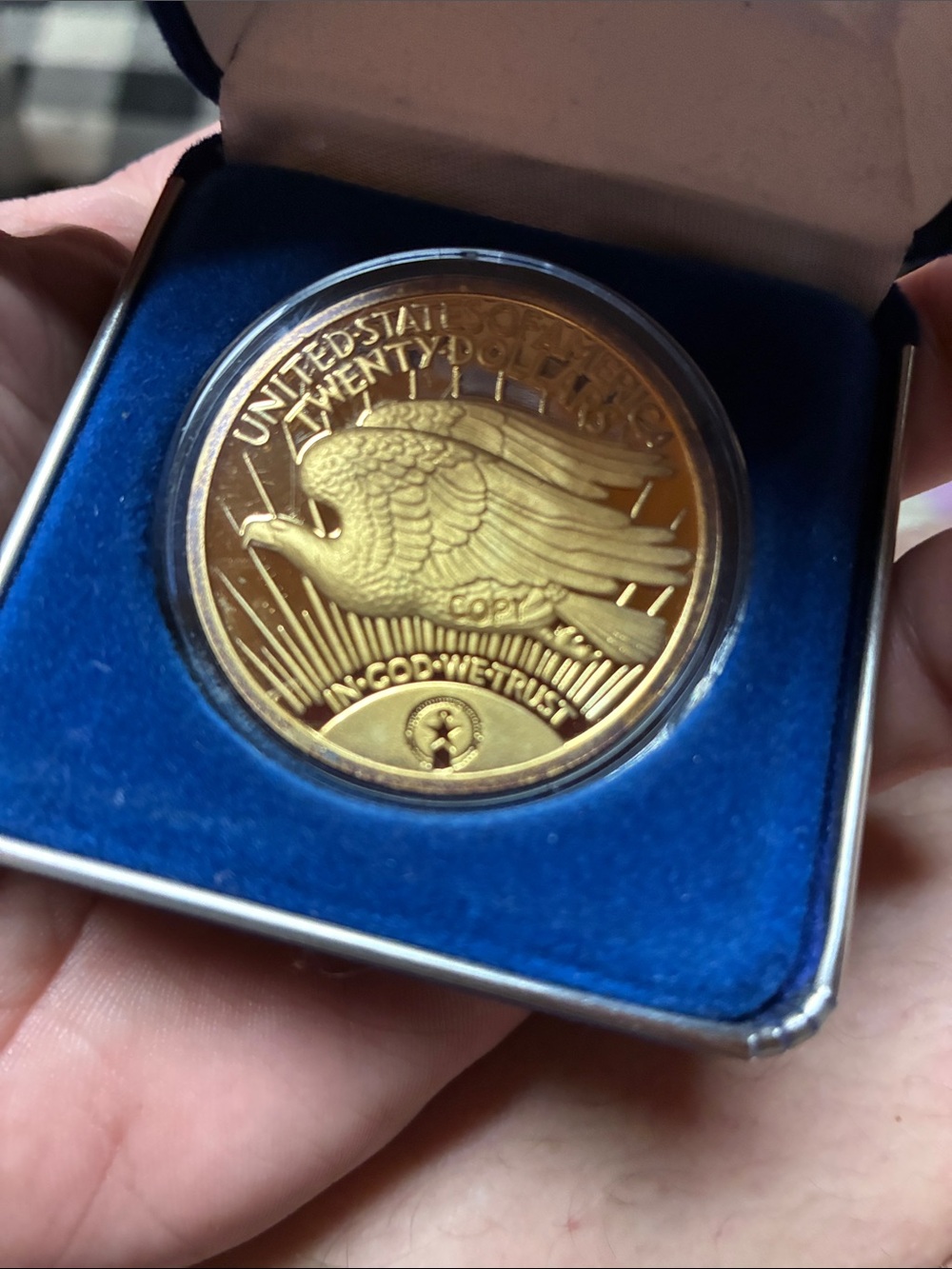 Gold Tone Commemorative Eagle Coin in Blue Display Case